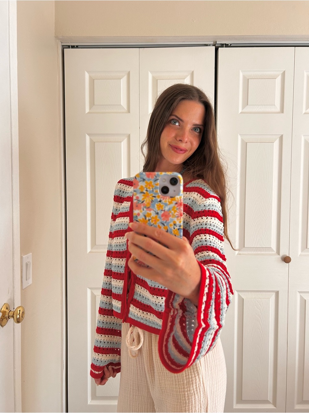 NWOT Pink Lily Striped Crochet Sweater Bell Sleeve Red Blue Cream Boho Pullover